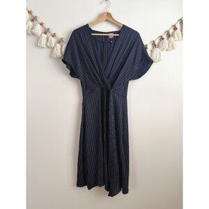 Boss Hugo Navy Pintuck Surplice V-Neck Striped Midi Dress Careerwear Minimalist